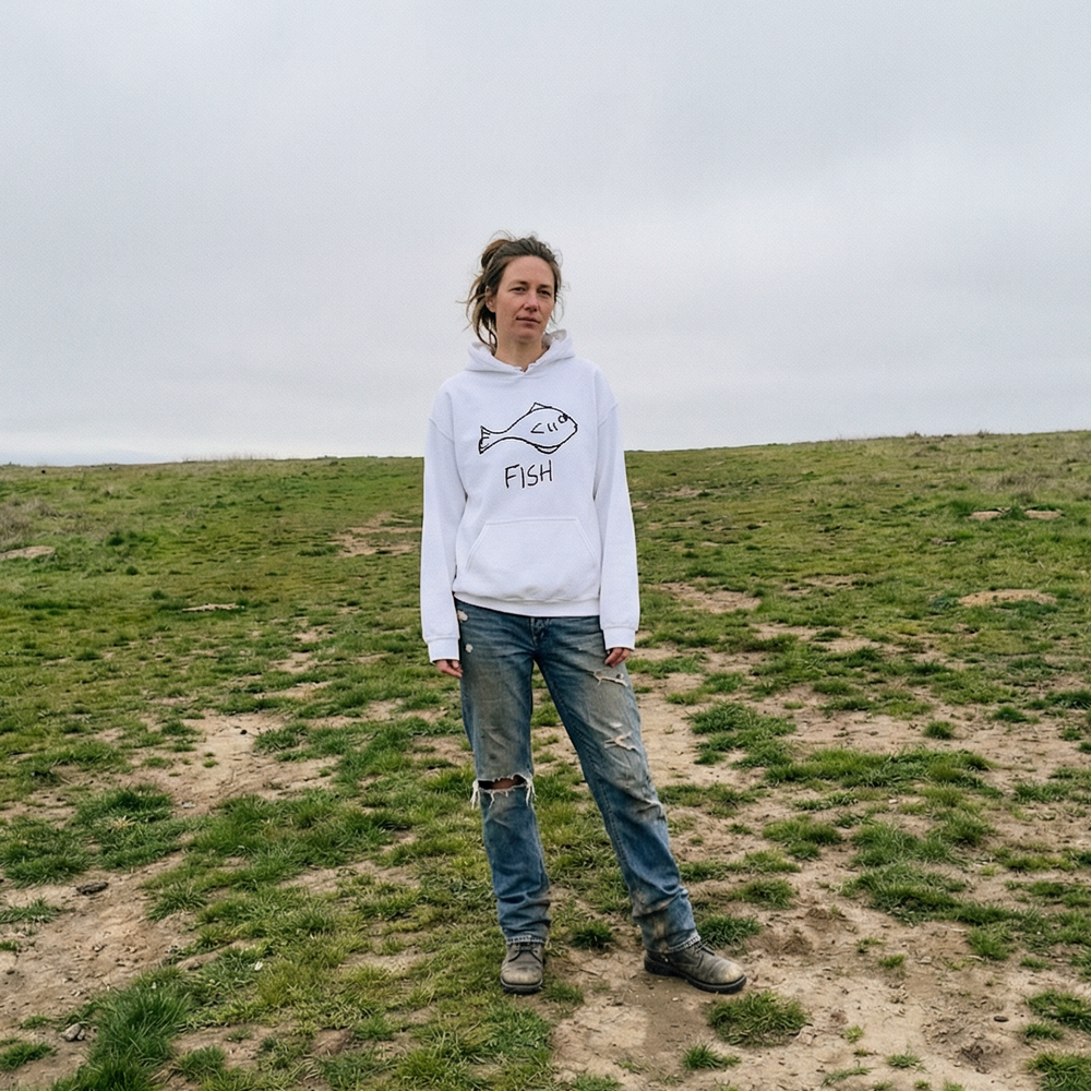 Woman wearing a white hoodie with a quirky minimalist lofi FISH drawing and text. standing on a grassy hill under an overcast sky.