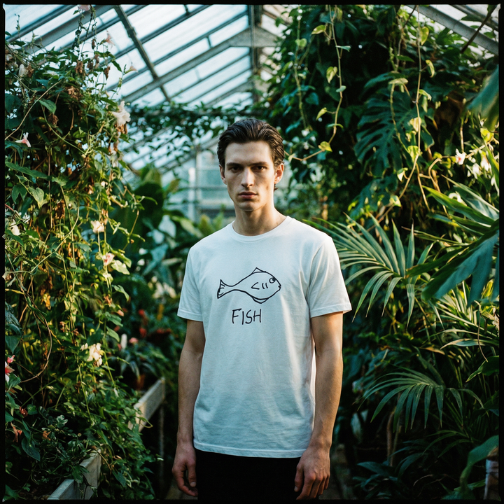 Fish classic tee in greenhouse setting – quirky animal graphic tee