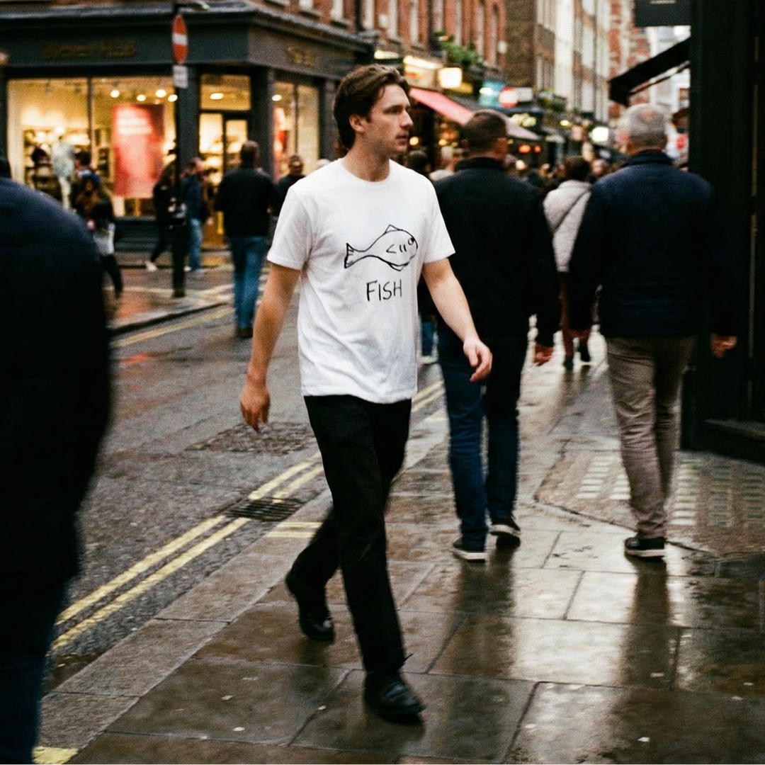 Fish graphic tee worn on city street – lofi animal shirt streetwear style