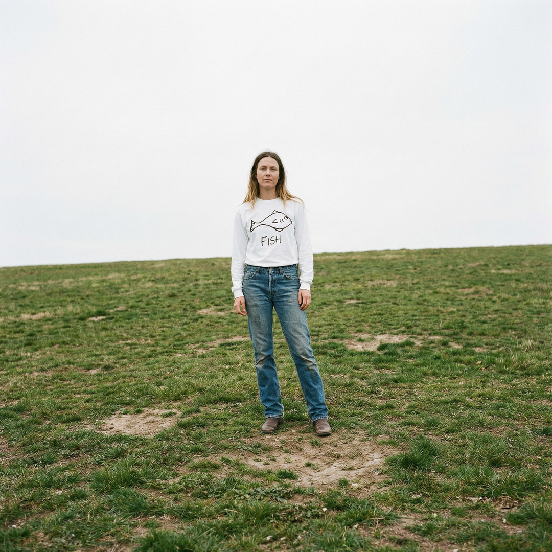 Model wearing a fish long sleeve tee standing by a low creek in a grassy field