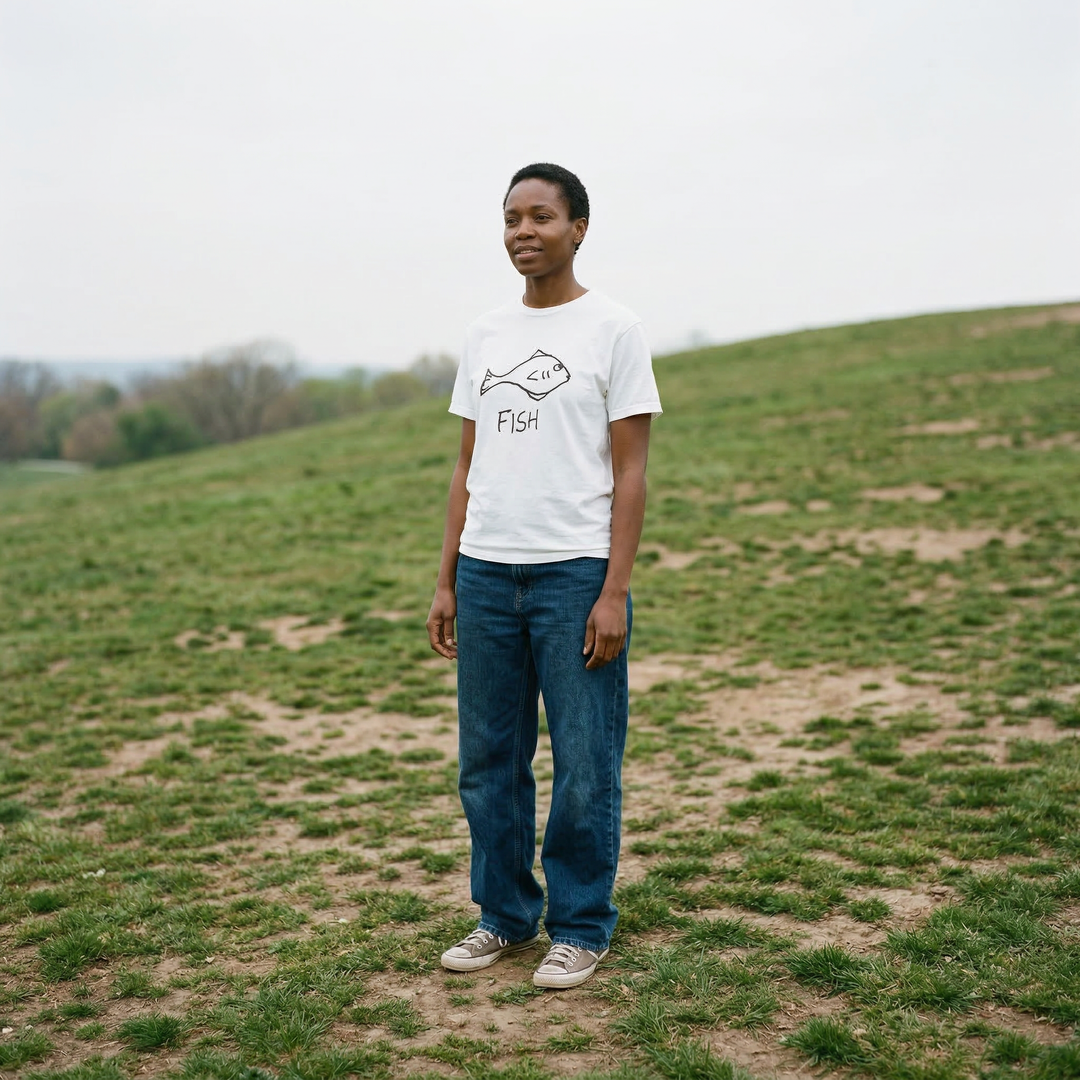 Fish shirt worn outdoors – minimalist lofi fish tee in natural setting