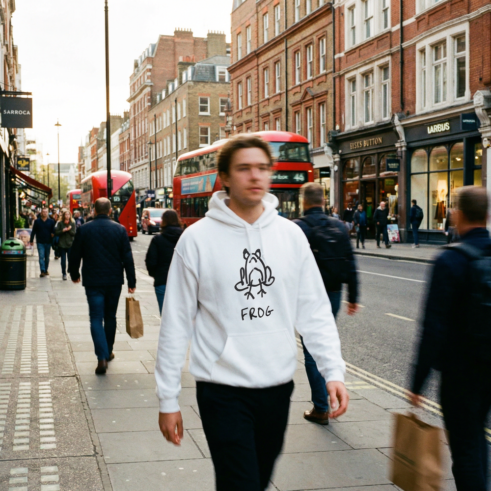 Frog graphic hoodie worn on city street – lofi animal streetwear
