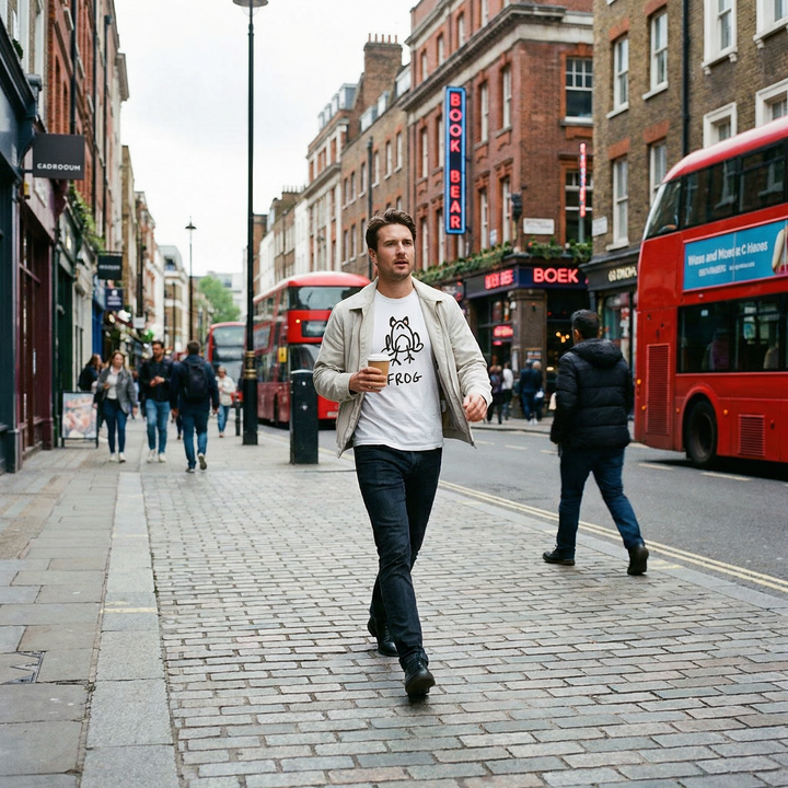 Man wearing a Frog graphic tee walkig on city street – lofi animal shirt streetwear style