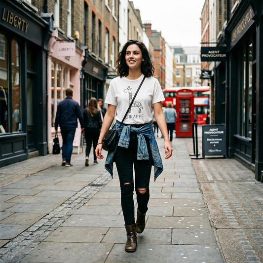 Giraffe graphic tee worn on city street – lofi animal shirt streetwear style