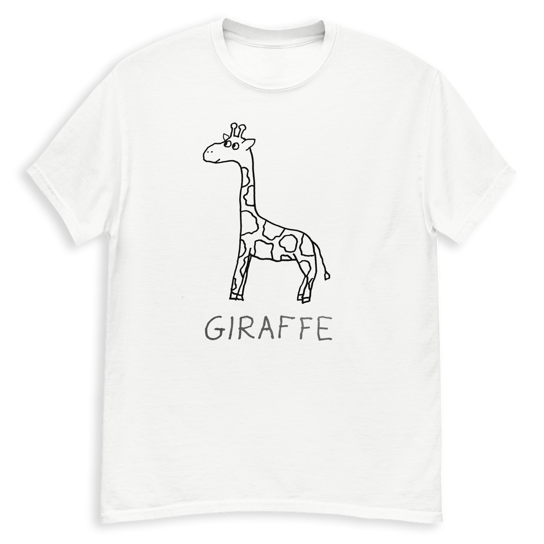 White t-shirt with a lo-fi hand-drawn giraffe  graphic and the word 'GIRAFFE' on a white background