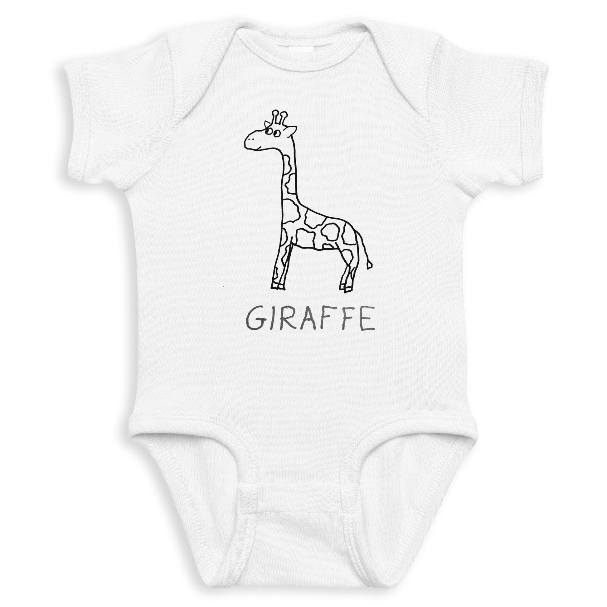 White baby onesie with a black outline of a giraffe and the word 'GIRAFFE' on a white background