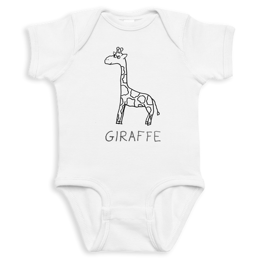 White baby onesie with a black outline of a giraffe and the word 'GIRAFFE' on a white background