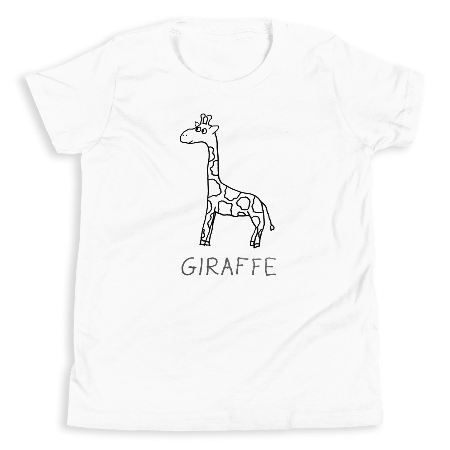White kids t-shirt with a simple hand drawn giraffe illustration and 'GIRAFFE' text on a white background