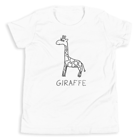 White kids t-shirt with a simple hand drawn giraffe illustration and 'GIRAFFE' text on a white background