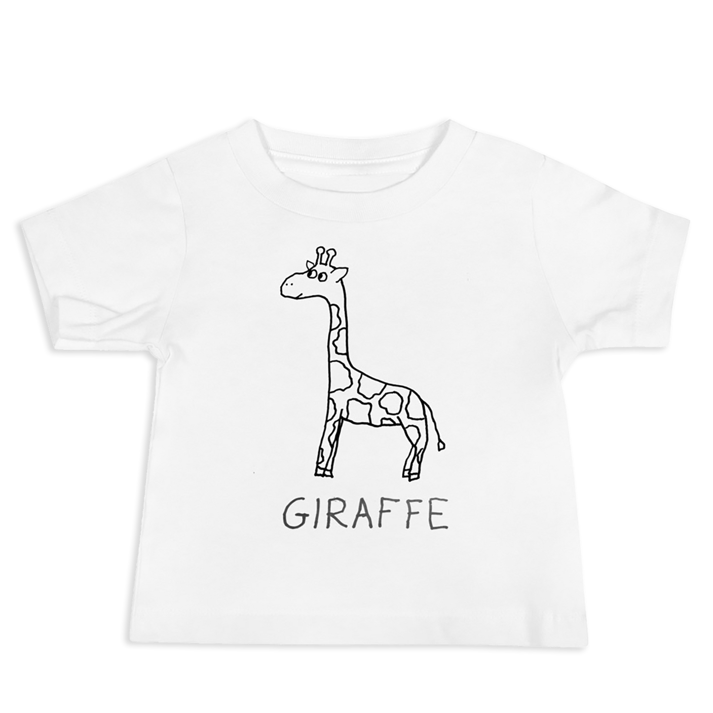 White Toddler t-shirt with a simple hand drawn giraffe illustration and 'GIRAFFE' text on a white background