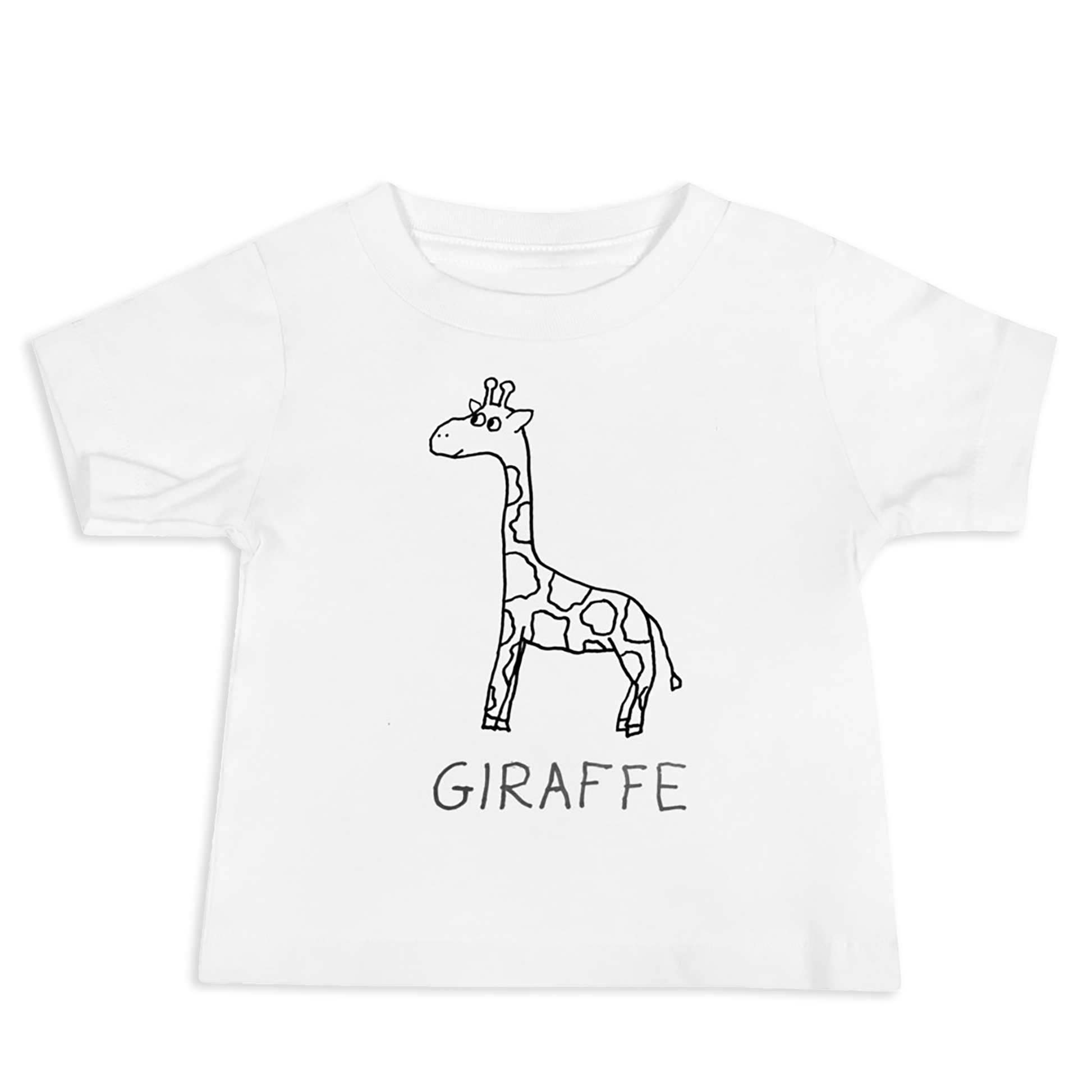 White Toddler t-shirt with a simple hand drawn giraffe illustration and 'GIRAFFE' text on a white background