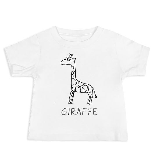 White Toddler t-shirt with a simple hand drawn giraffe illustration and 'GIRAFFE' text on a white background