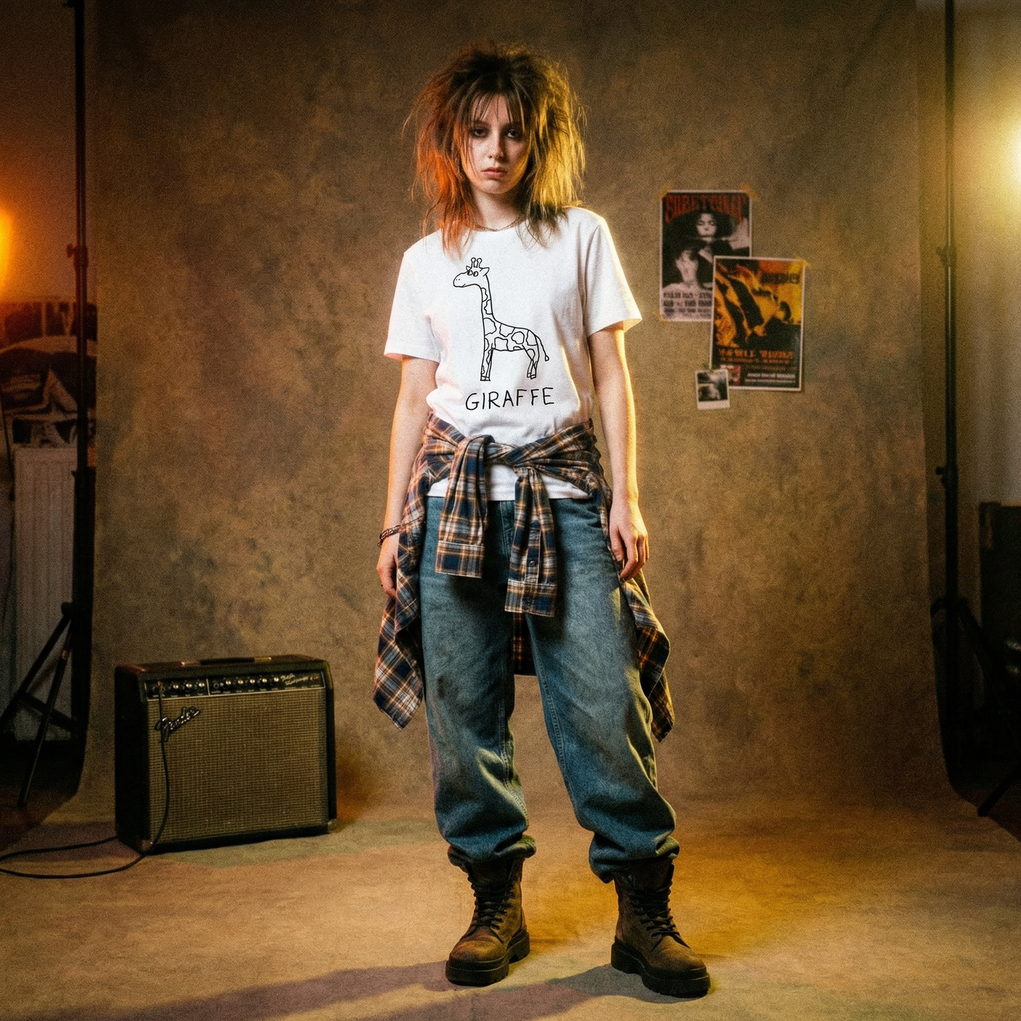 Giraffe women's tee in 90s studio setting – quirky animal graphic tee