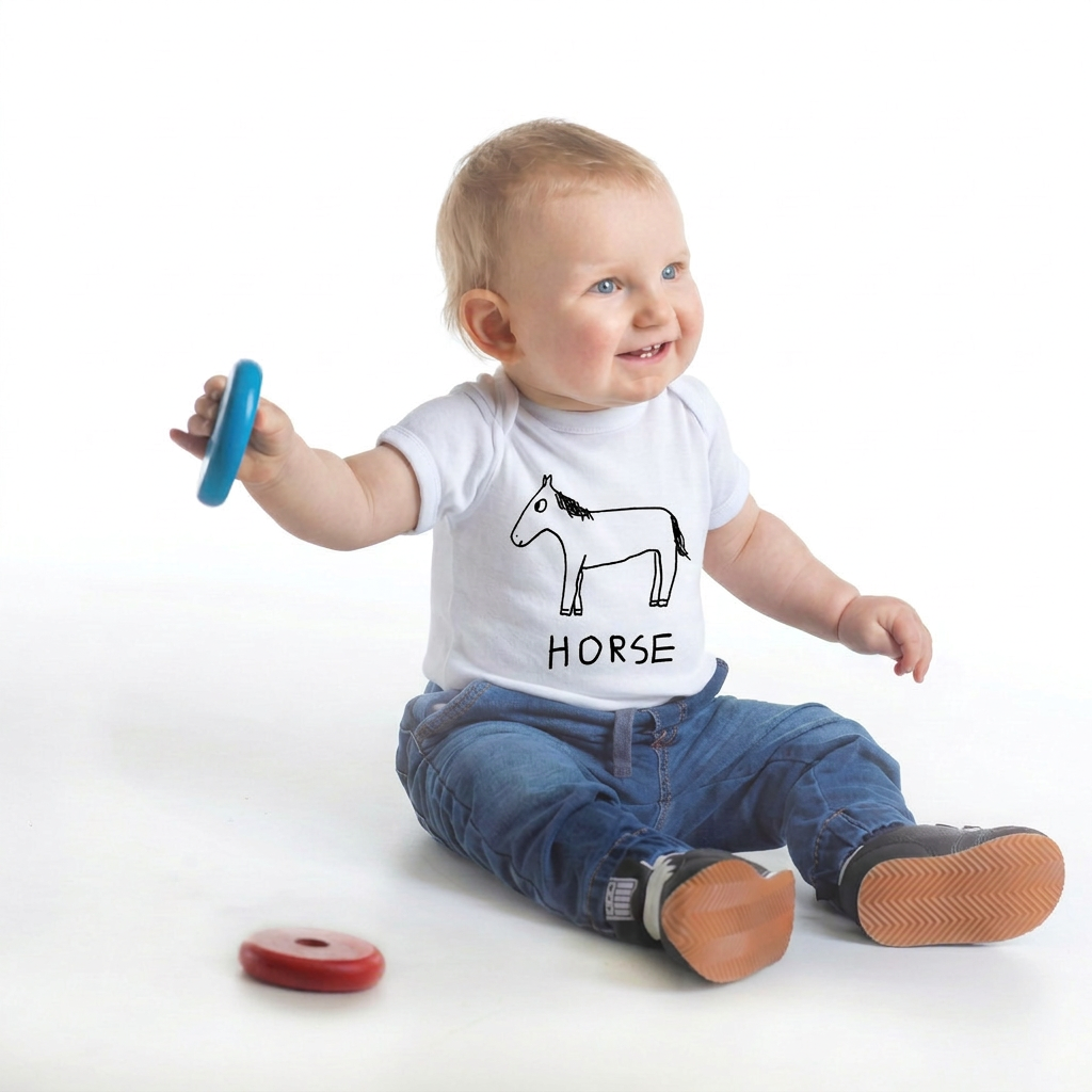 Baby wearing a white t-shirt with a horse illustration and the word &