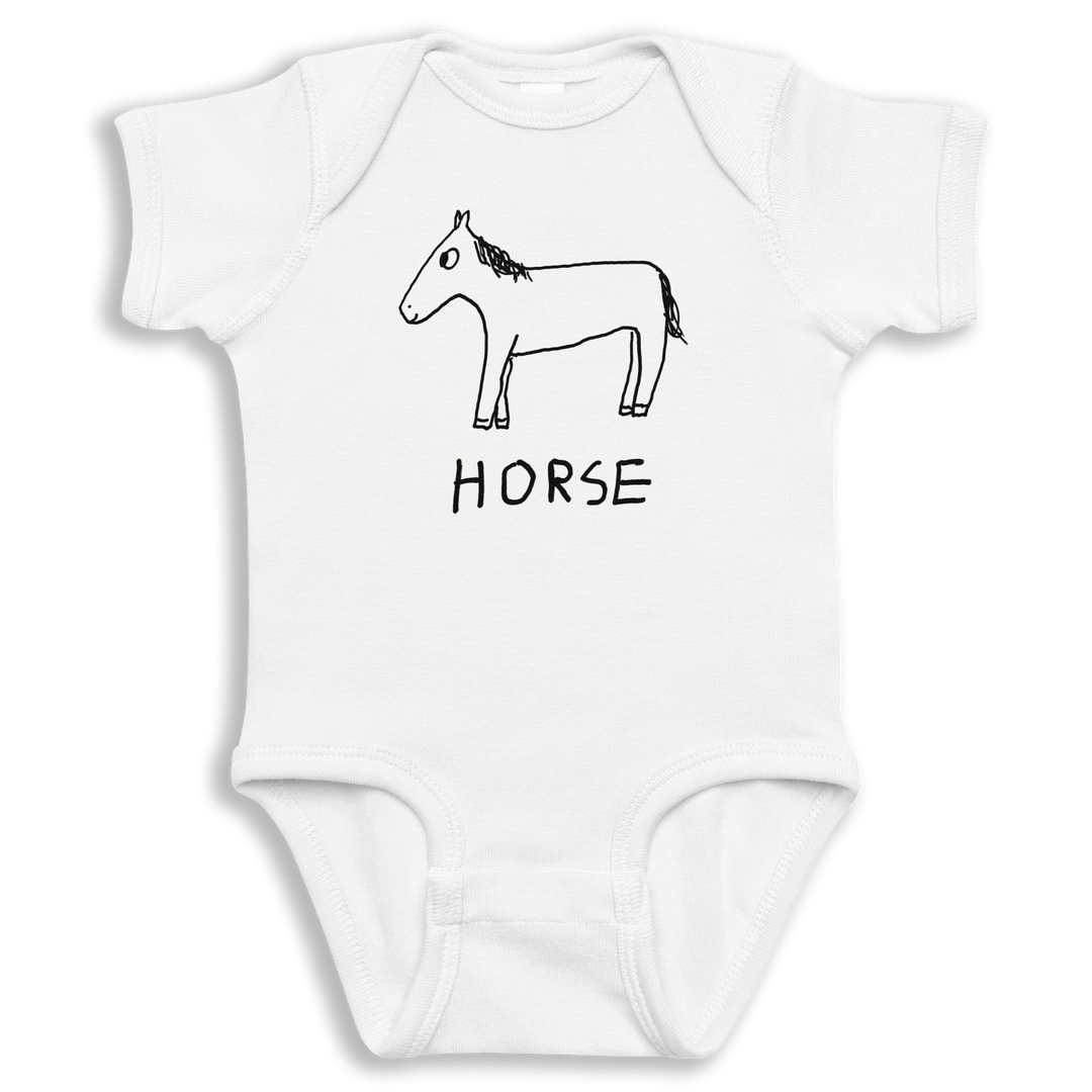 white baby onesie with hand drawn horse and the word horse 