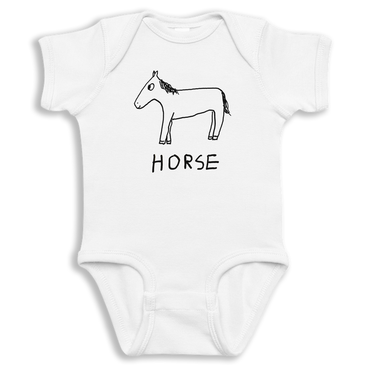 white baby onesie with hand drawn horse and the word horse 