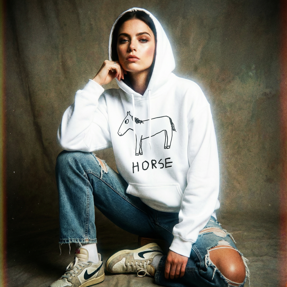 Horse hoodie in 90's style photo studio – quirky animal graphic hoodie