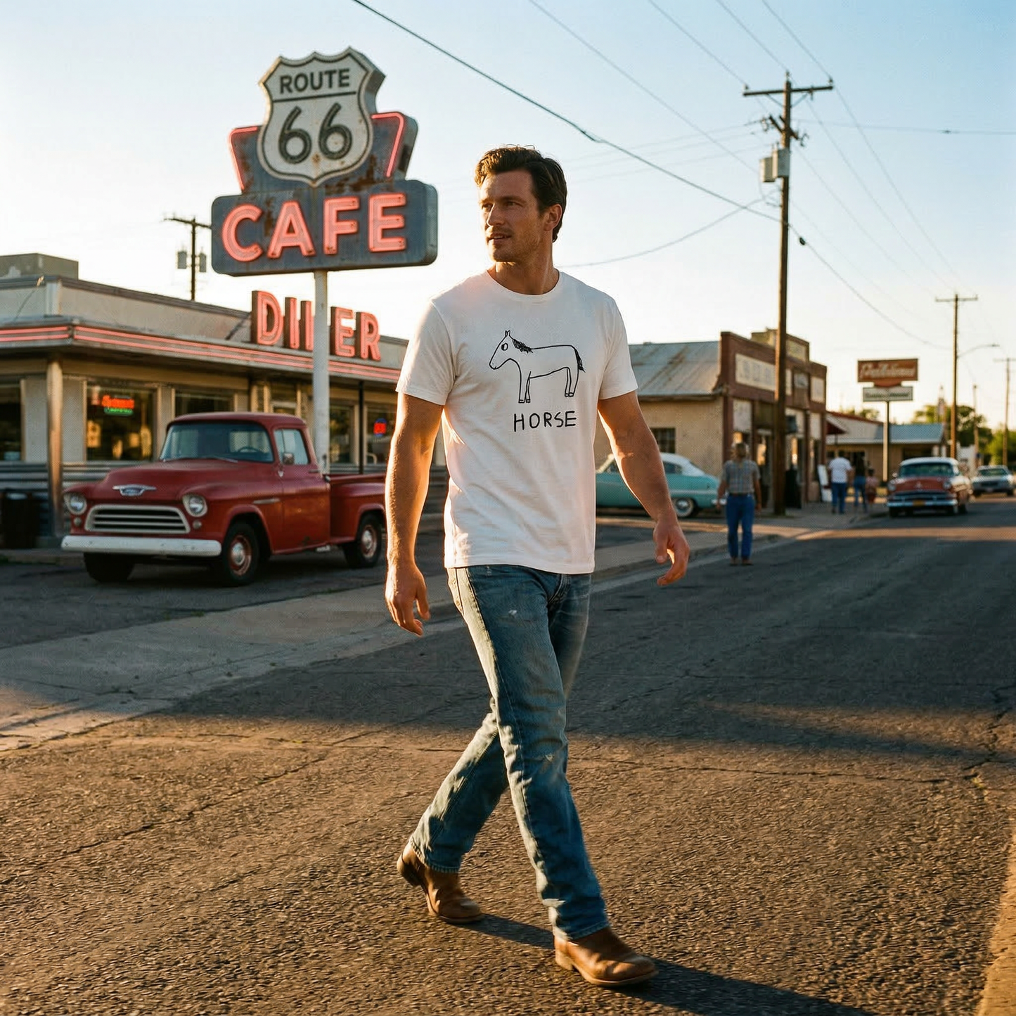 Horse classic tee in Americana setting – quirky animal graphic tee