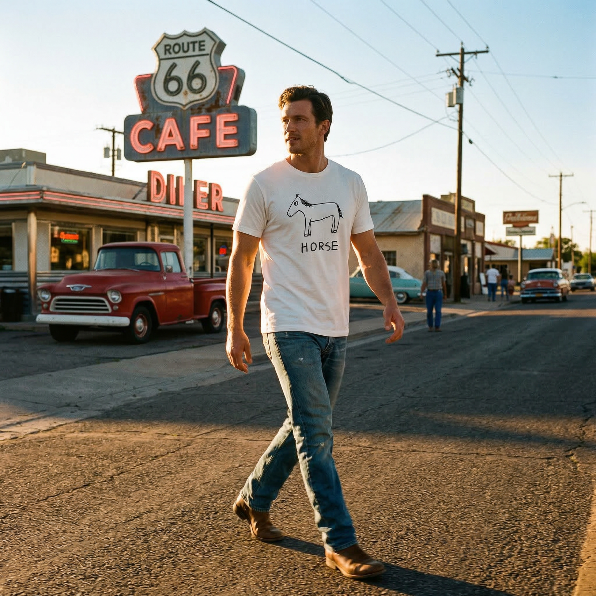 Horse classic tee in Americana setting – quirky animal graphic tee