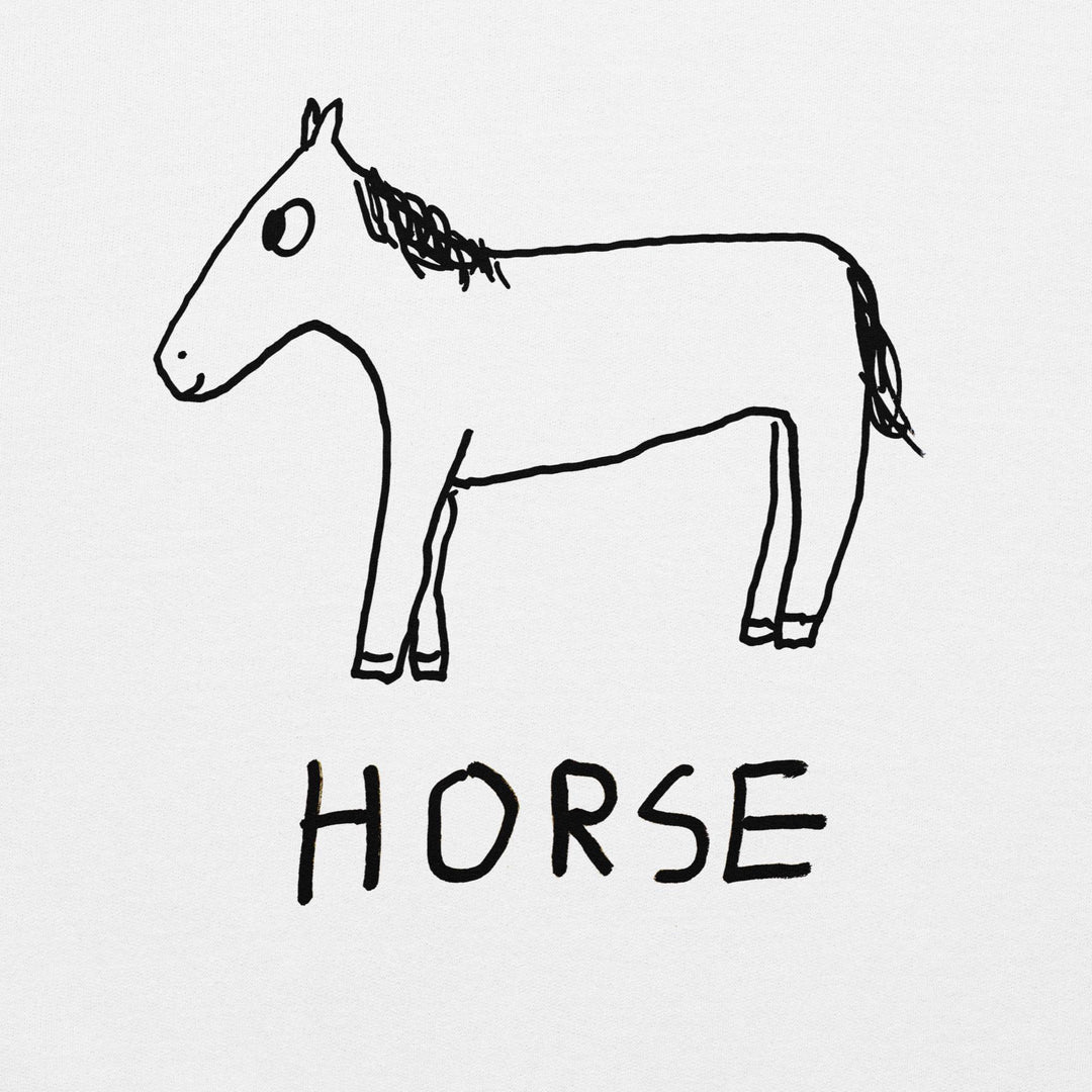 Simple black line drawing of a horse with the word &