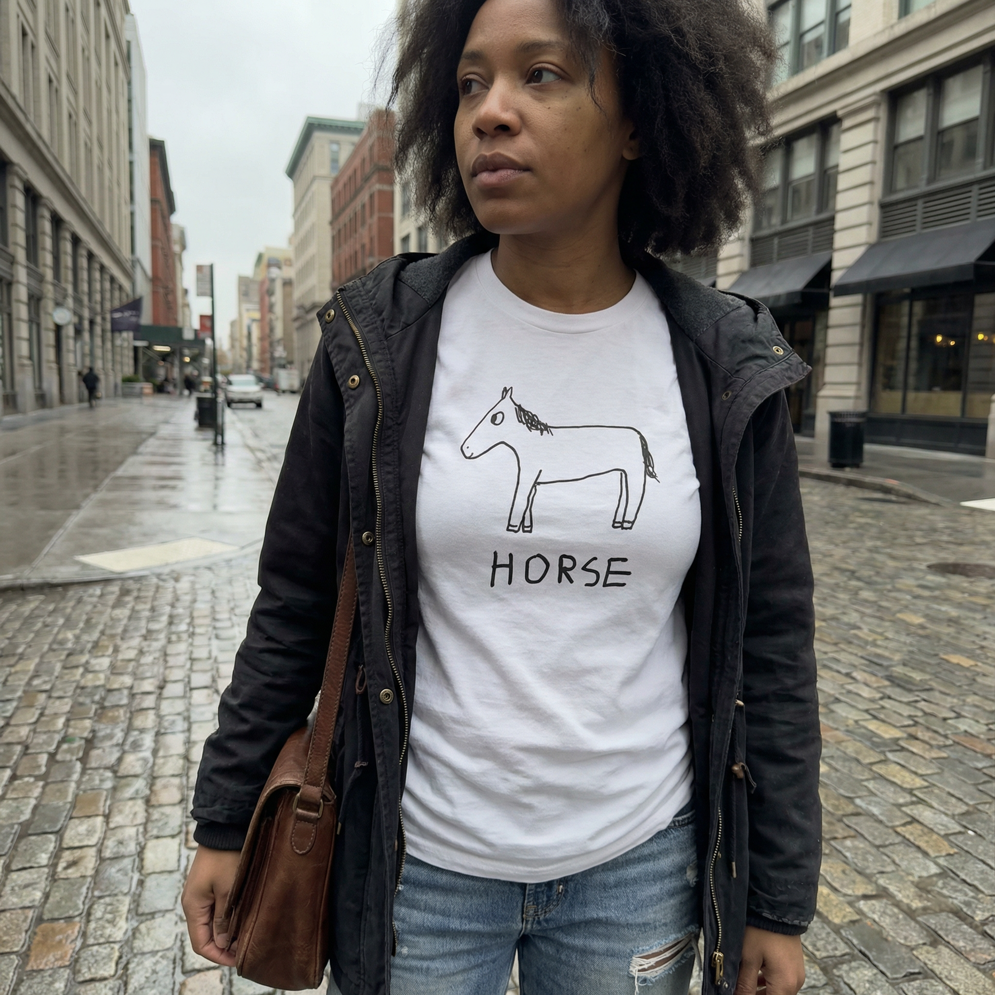 Horse graphic tee worn on city street – lofi animal shirt streetwear style
