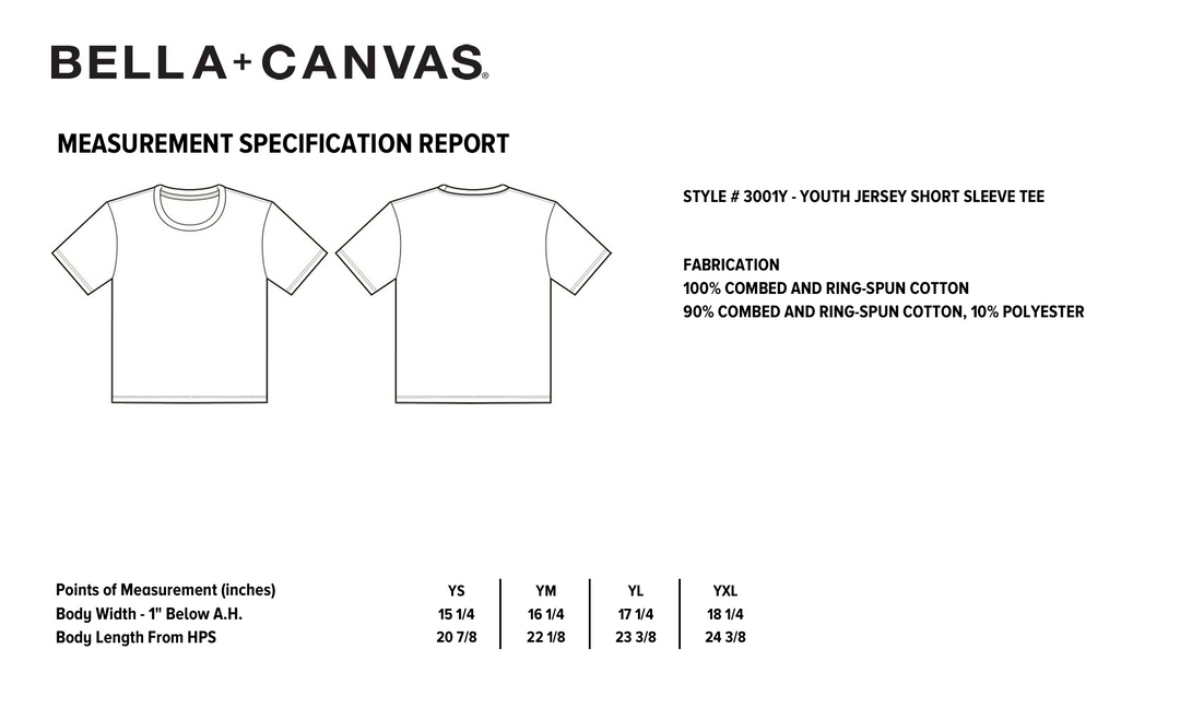 Measurement specification report for Bella+Canvas youth jersey short sleeve tee with fabric details and size chart.