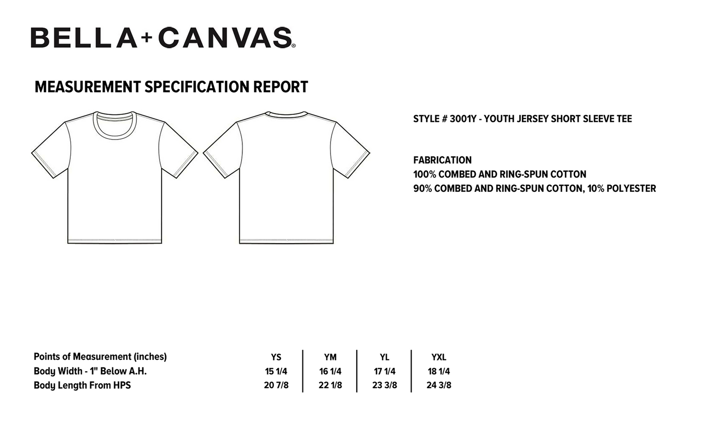 Measurement specification report for Bella+Canvas youth jersey short sleeve tee with fabric details and size chart.
