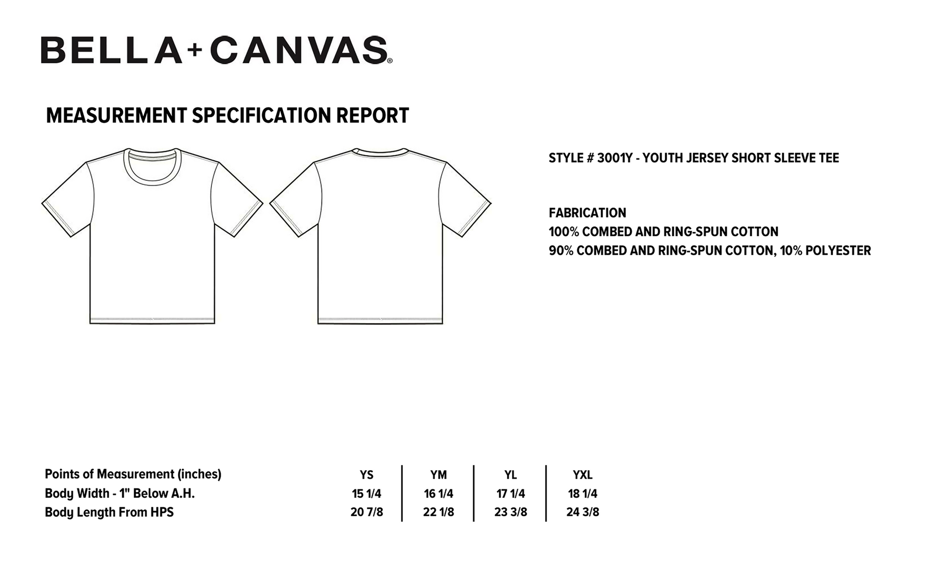 Measurement specification report for Bella+Canvas youth jersey short sleeve tee with fabric details and size chart.