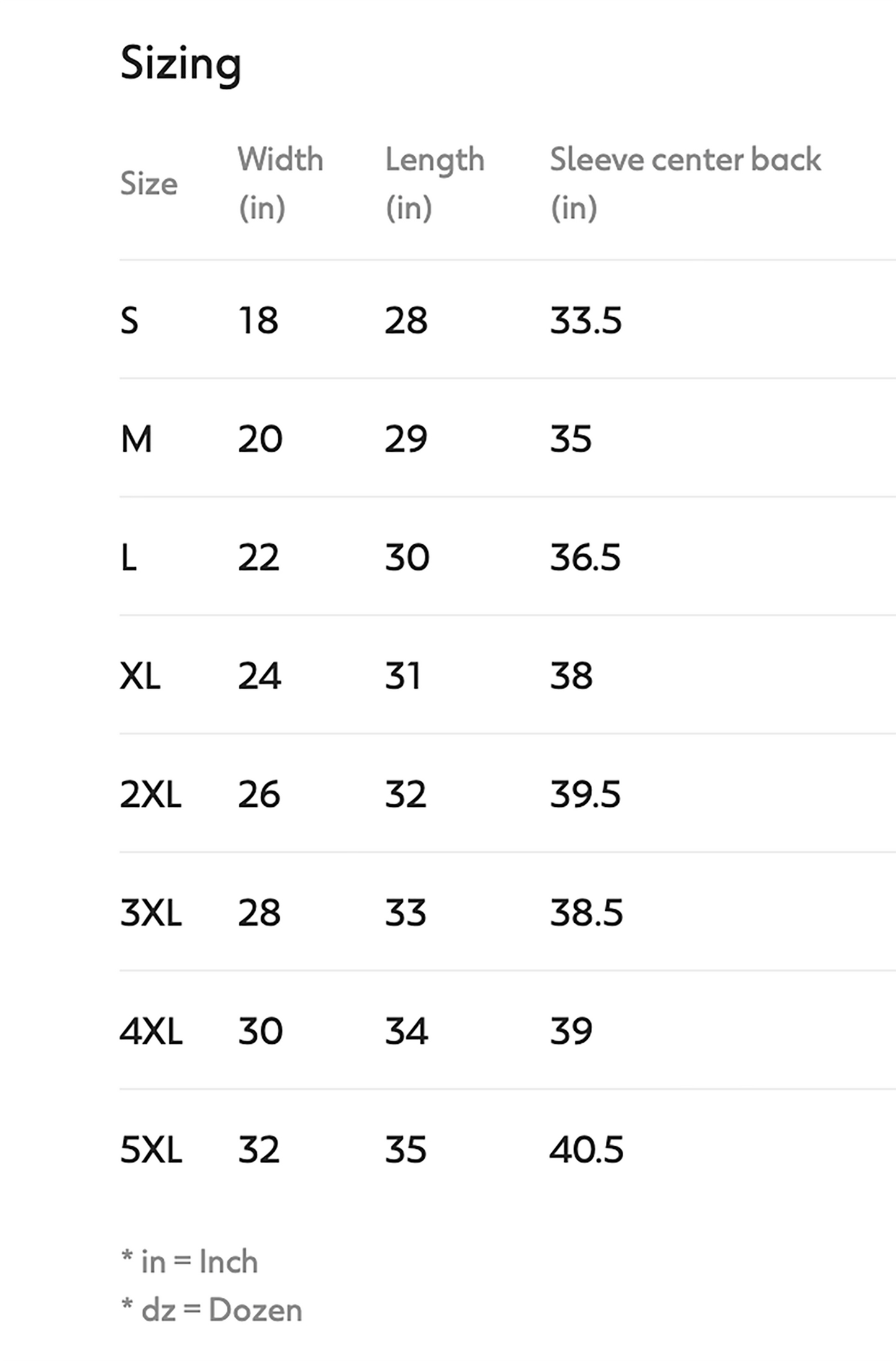 Sizing chart for a Gildan 2400 long sleeve tee with dimensions in inches.