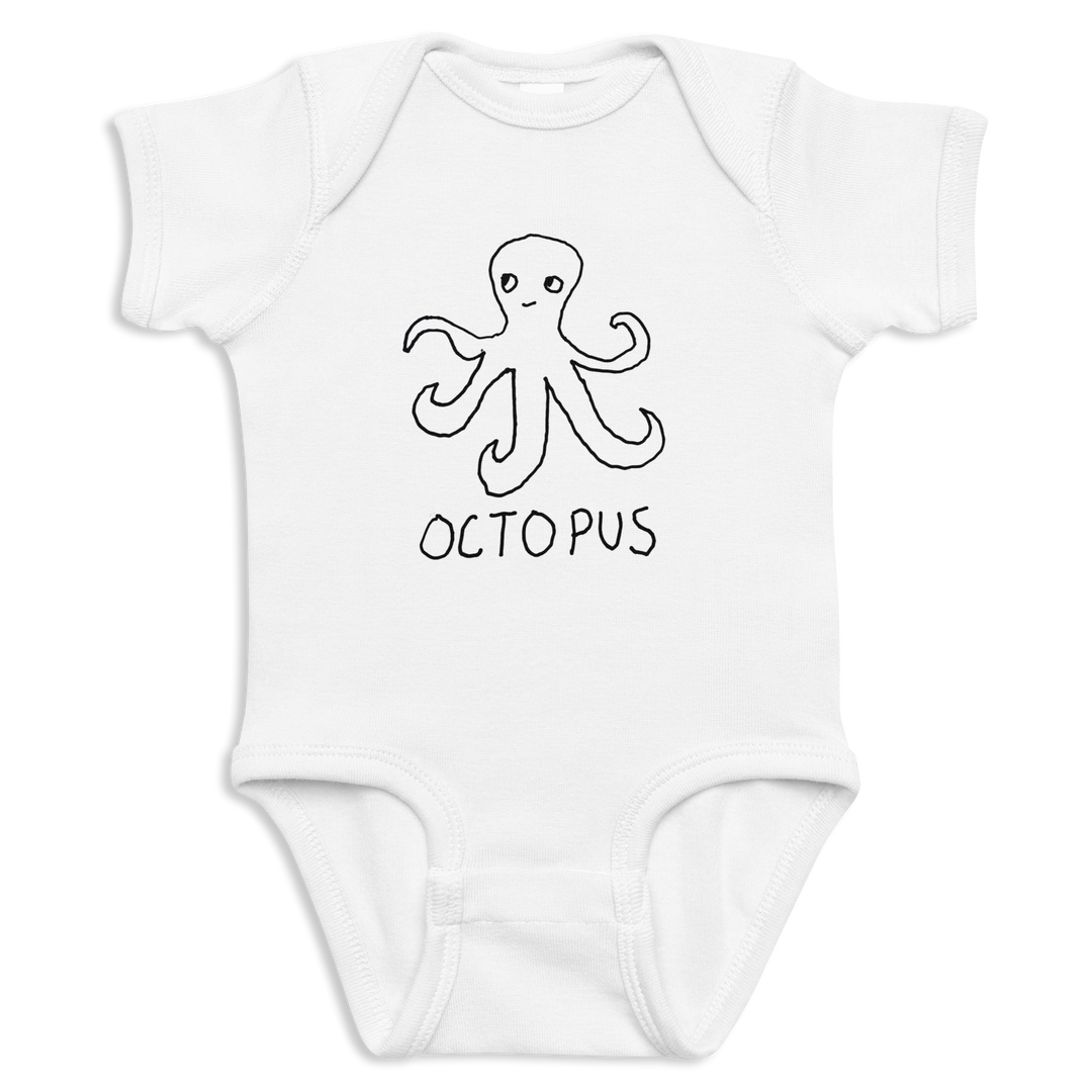 White baby onesie with an octopus design and 'OCTOPUS' text on a white background