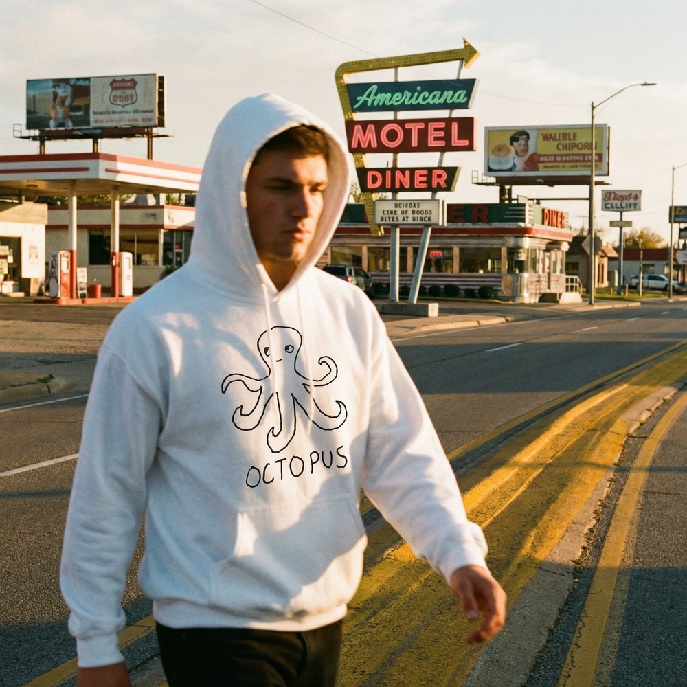 Octopus hoodie in Americana setting – quirky animal graphic hoodie
