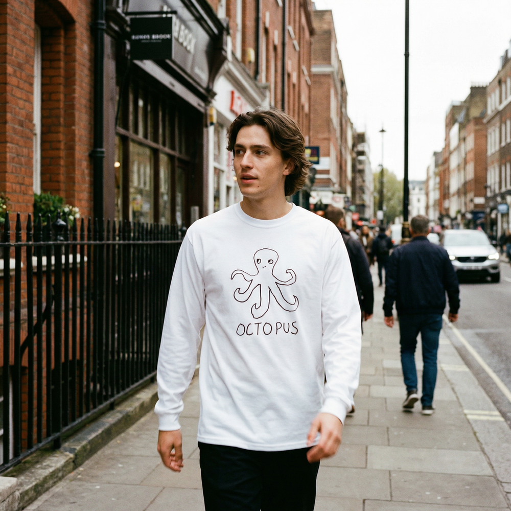Person in an octopus graphic long sleeve at a busy Soho intersection, London