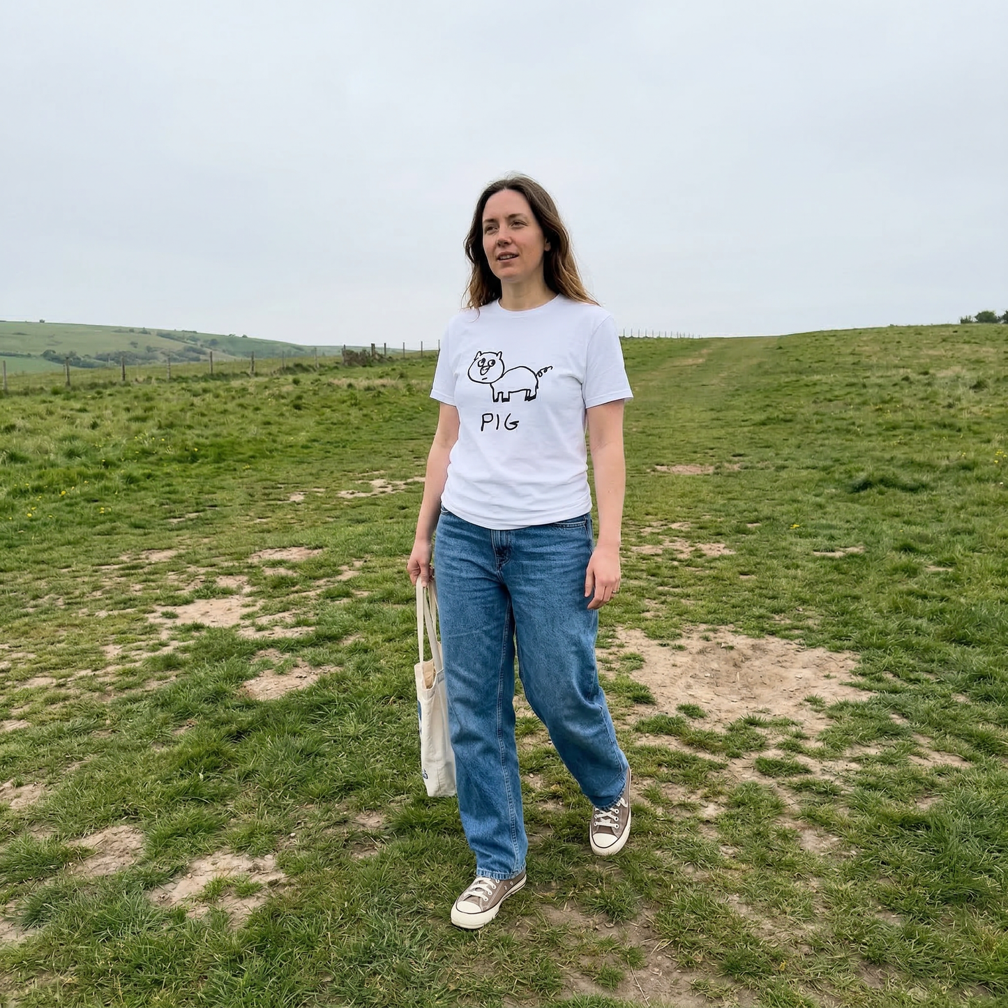 Pig shirt worn outdoors – minimalist lofi pig tee in natural setting
