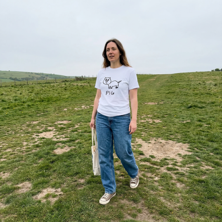 Pig shirt worn outdoors – minimalist lofi pig tee in natural setting