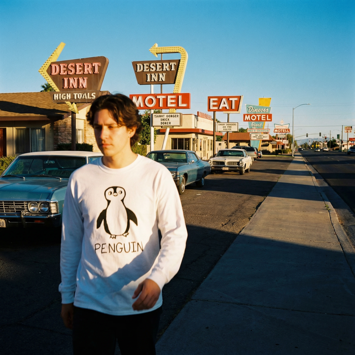Model wearing a penguin long sleeve tee at a classic American diner counter