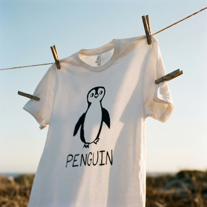 White t-shirt with a penguin design and &