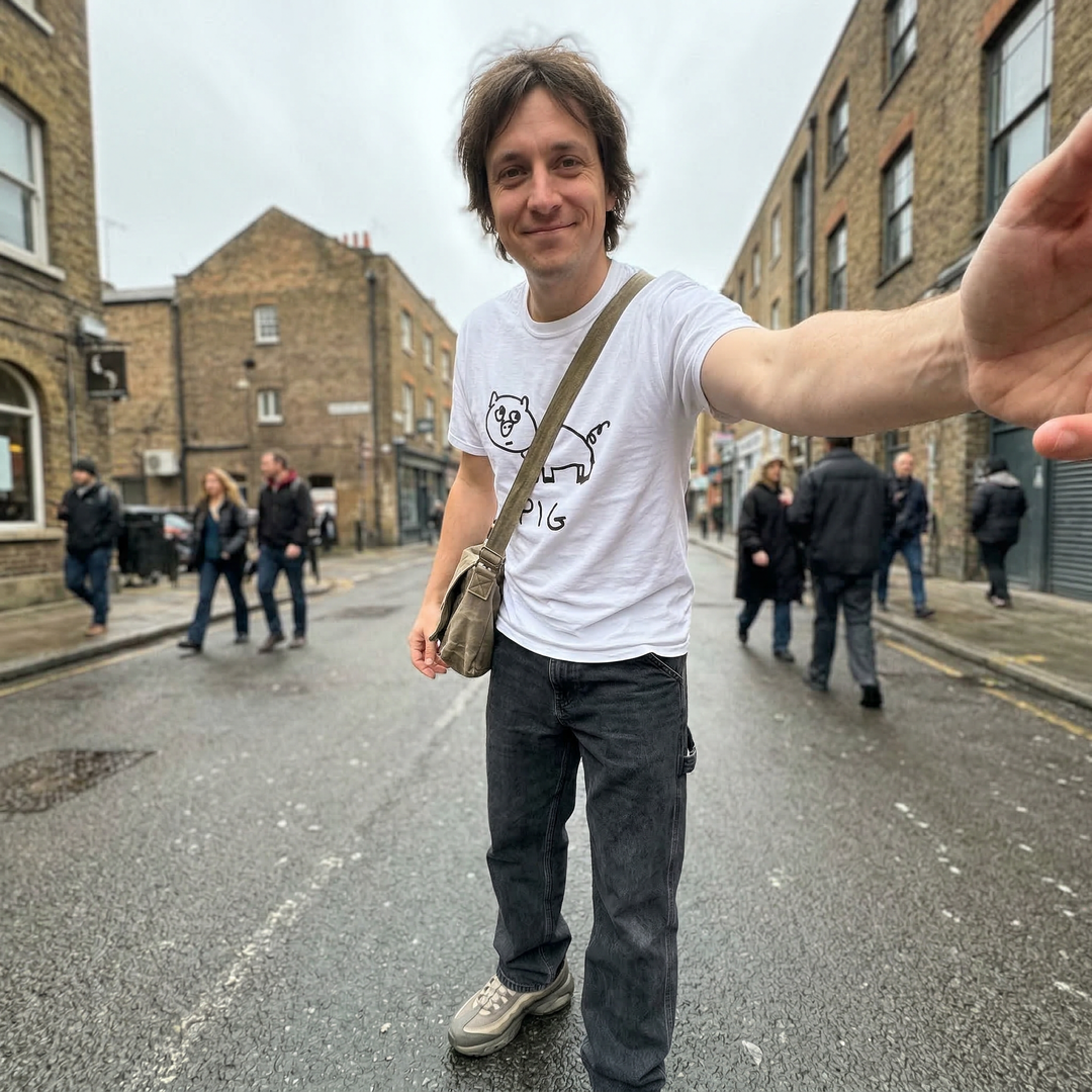 Man taking selfie wearing Pig graphic tee worn on city street – lofi animal shirt streetwear style