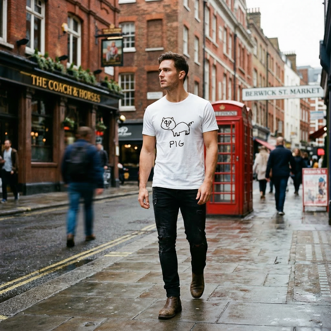 Pig graphic tee worn on city street – lofi animal shirt streetwear style