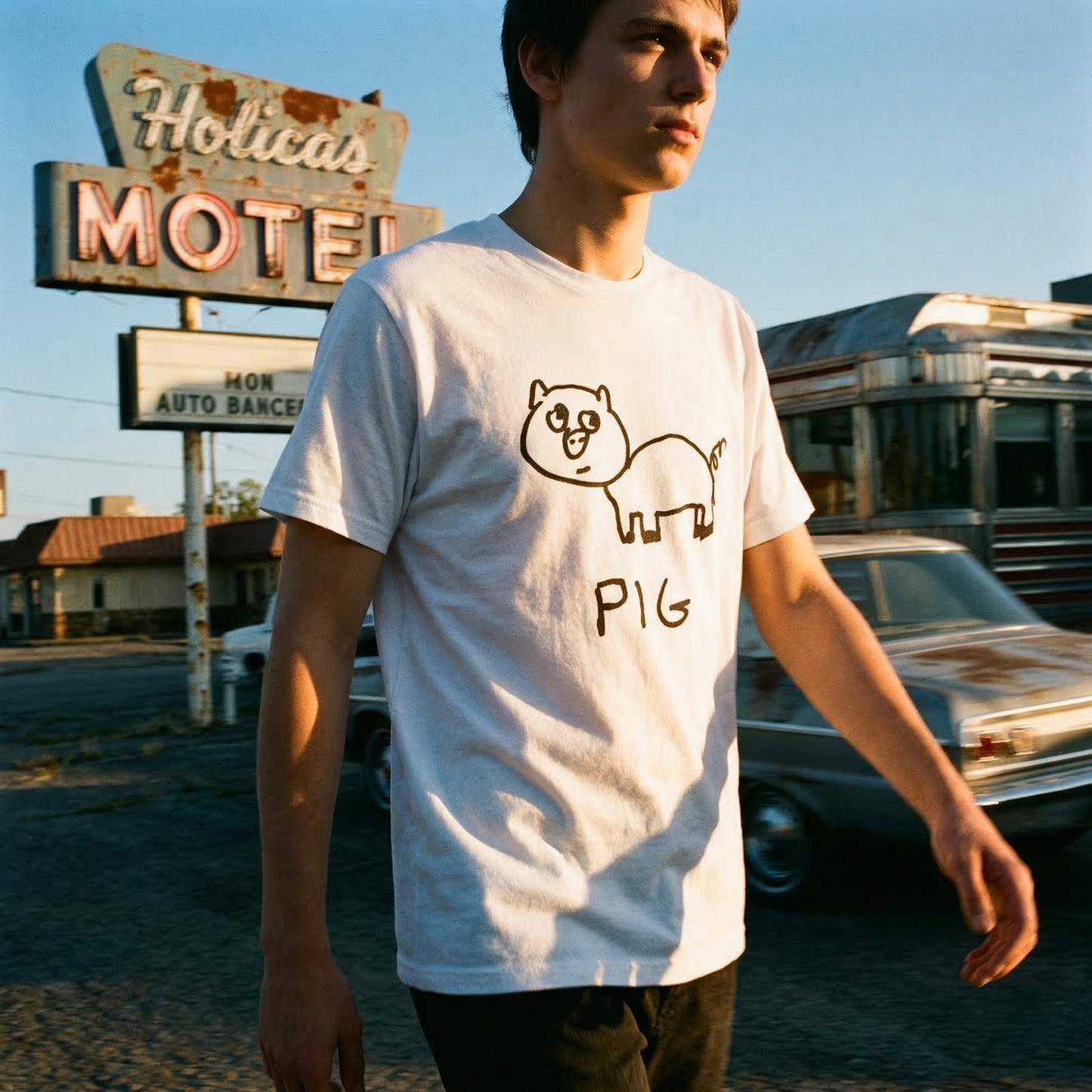 Pig classic tee in Americana setting – quirky animal graphic tee