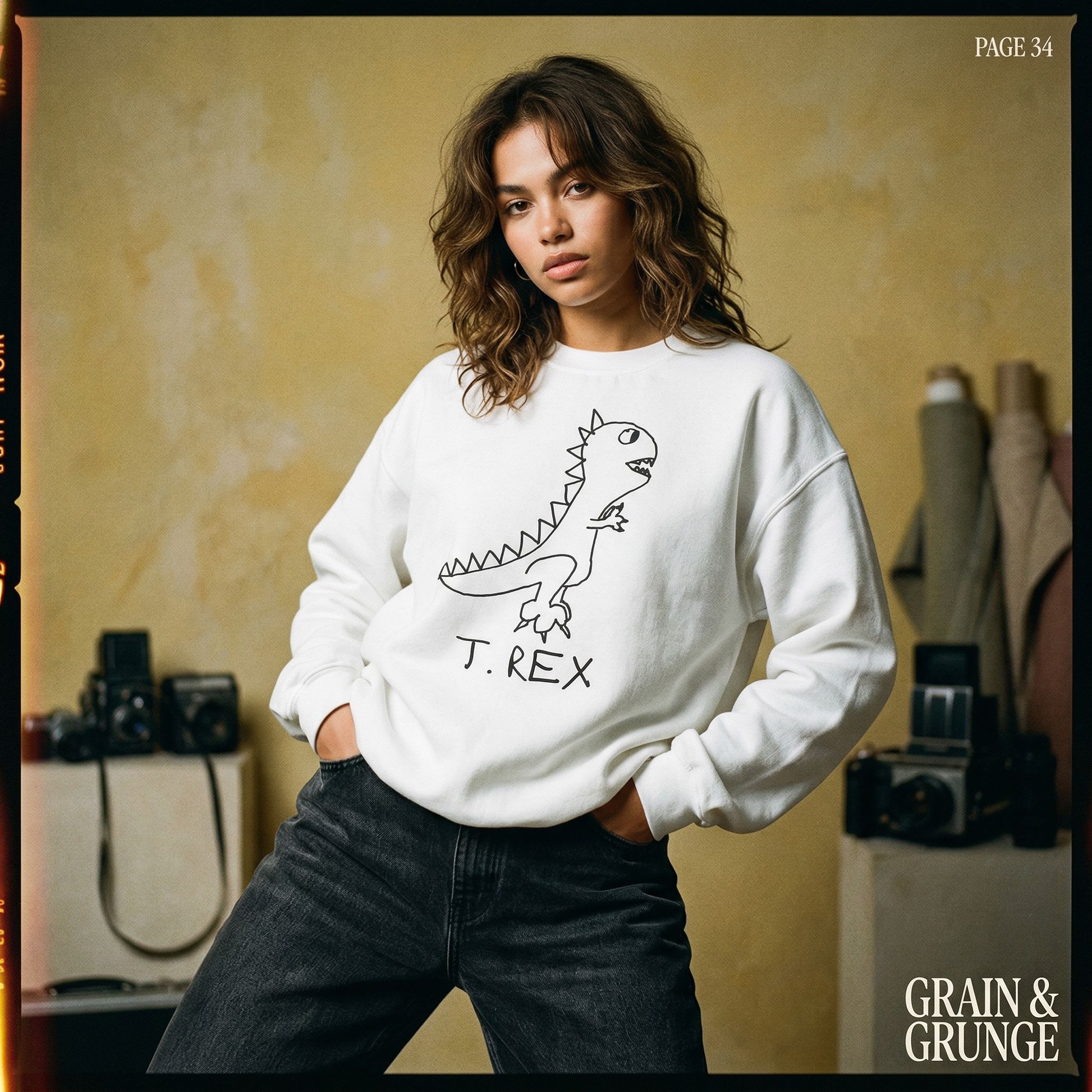 Model  wearing a white crewneck weatshirt with a hand drawn T. Rex graphic and text, standing in a room with vintage cameras.