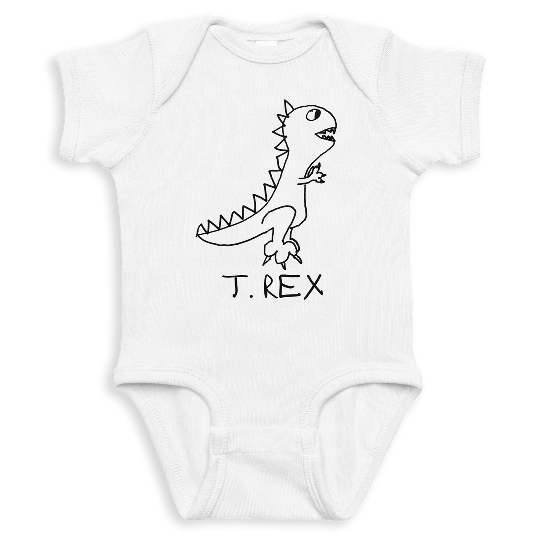 White baby onesie with a black dinosaur illustration and 'T. Rex' text on a white background