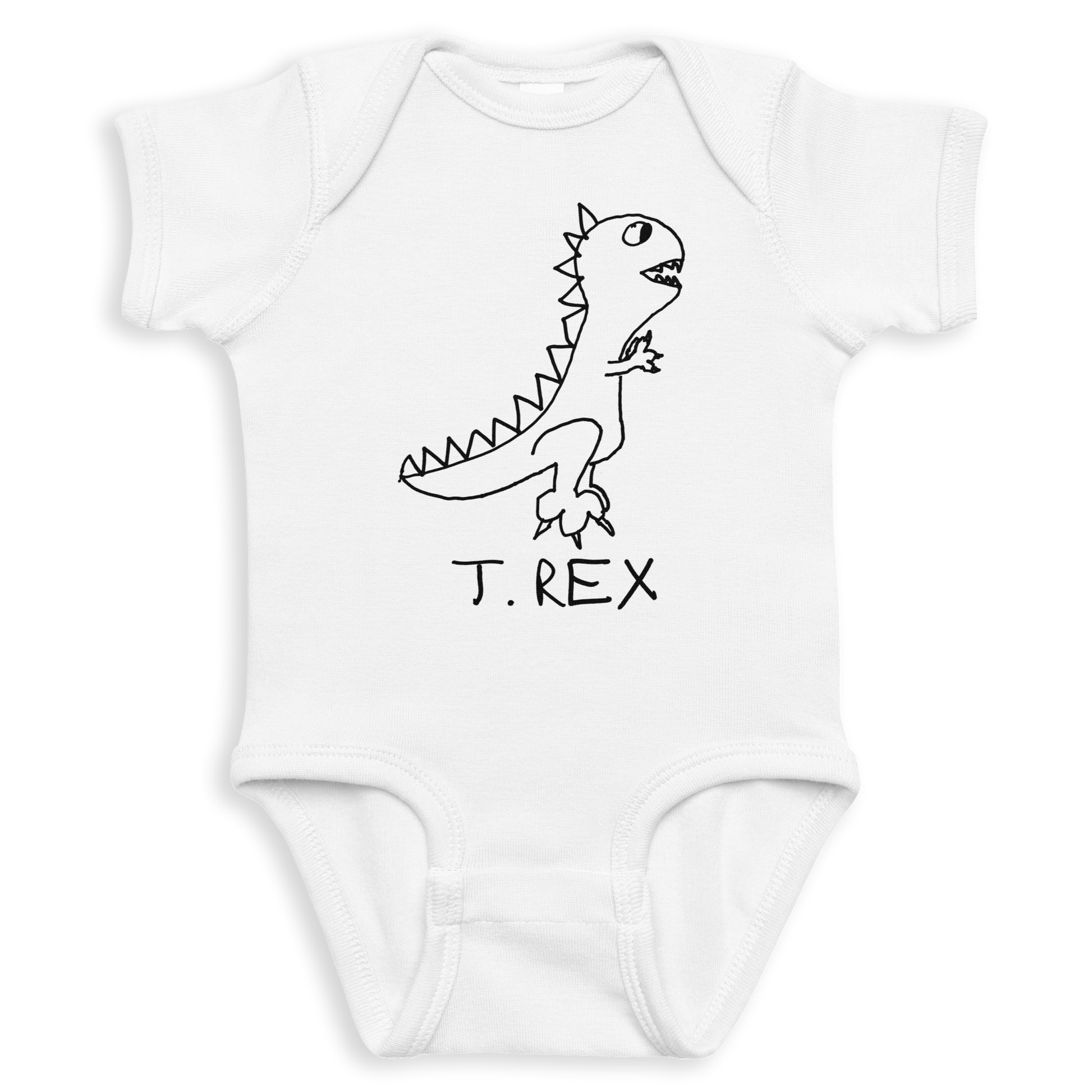White baby onesie with a black dinosaur illustration and 'T. Rex' text on a white background