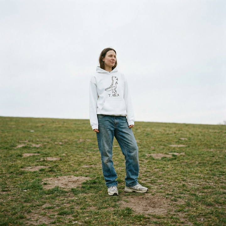 T-Rex hoodie worn outdoors – minimalist lofi T-Rex hoodie in natural setting