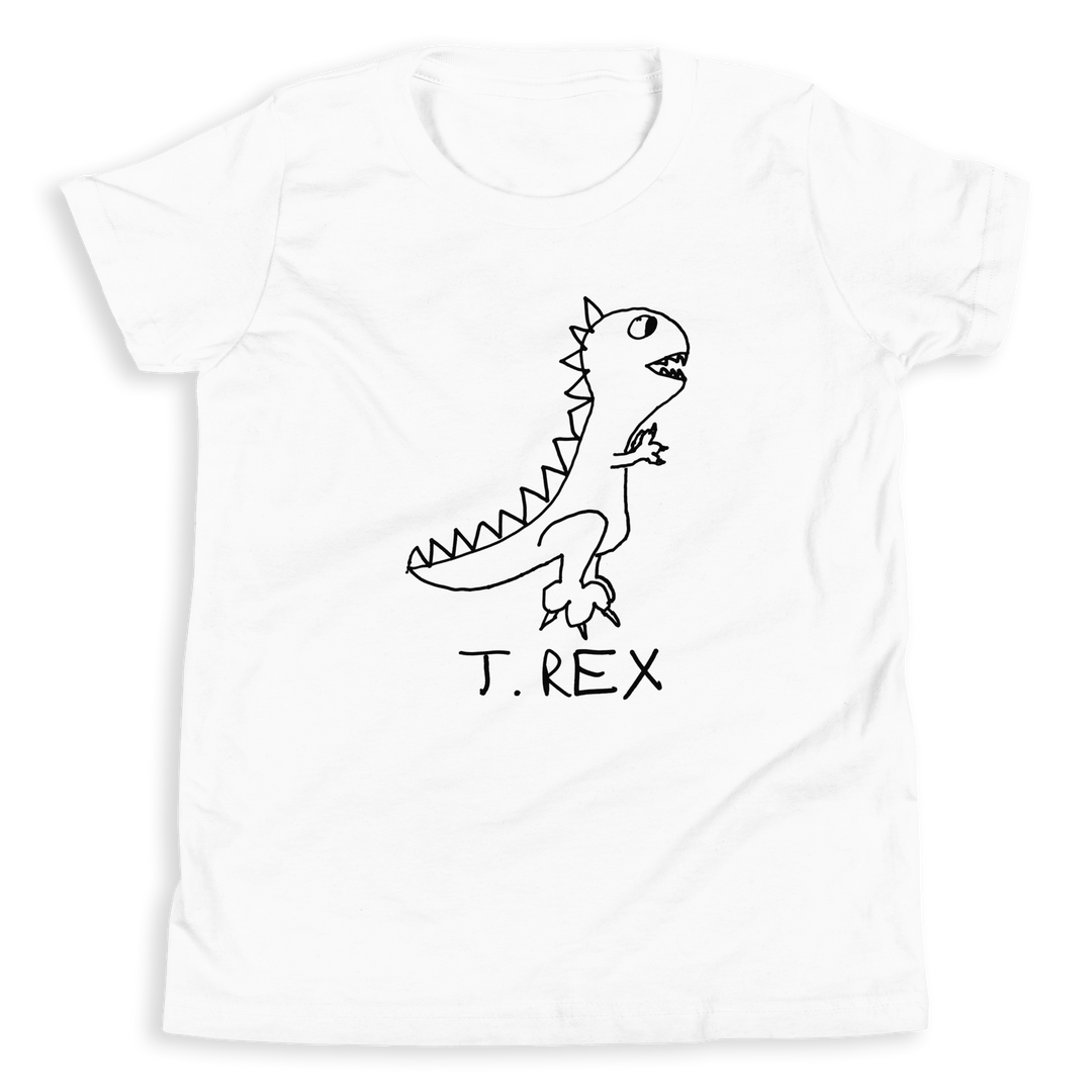 White kids t-shirt with a simple hand drawn T. Rex Dinosaur illustration and 'T Rex' text on a white background