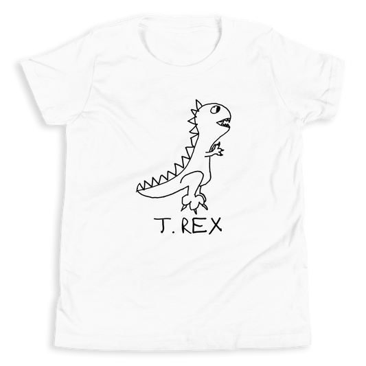White kids t-shirt with a simple hand drawn T. Rex Dinosaur illustration and 'T Rex' text on a white background