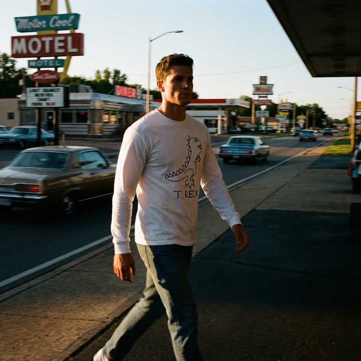 Model in a T-Rex long sleeve tee beside a rusted Route 66 road sign
