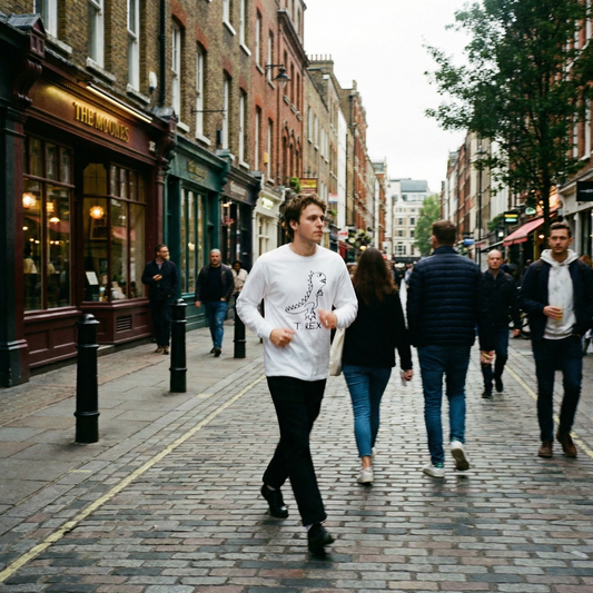 Person in a T-Rex graphic long sleeve stomping through a busy Soho street, London