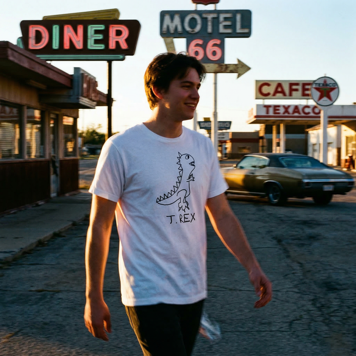 T-Rex classic tee in Americana setting – quirky dinosaur graphic tee