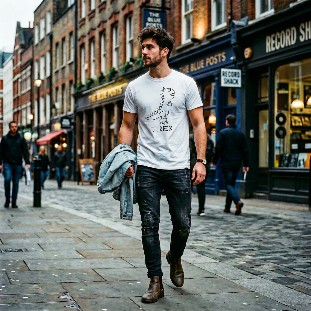 T-Rex graphic tee worn on city street – lofi dinosaur shirt streetwear style