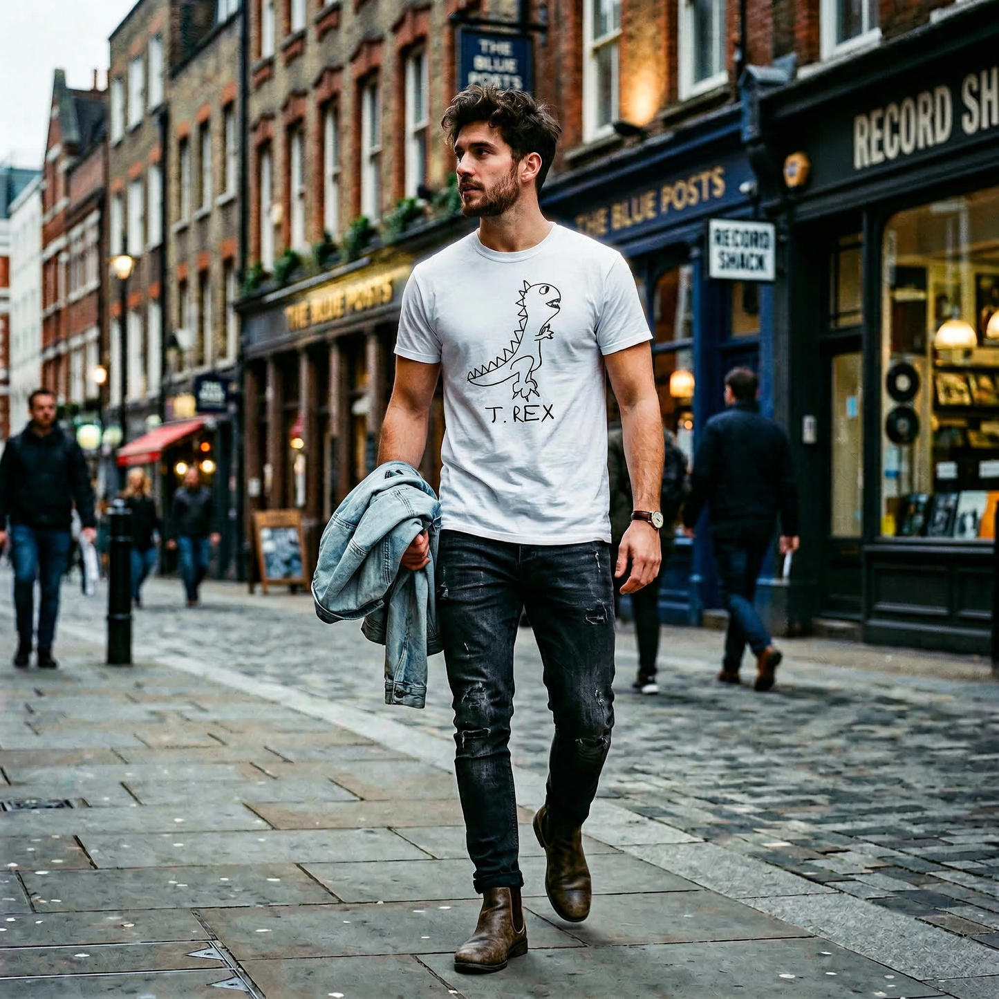 T-Rex graphic tee worn on city street – lofi dinosaur shirt streetwear style